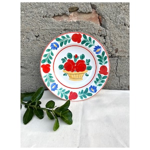 Vintage Hungarian Folk Art Stoneware Wall Plate, Hand Painted Majolica, Traditional Folk of Hungary, Rustic Peasant Ceramic Wall Hanging