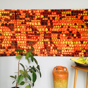 Modern geometric wall hanging tapestry, Abstract spotted pattern, Mid century textile wall art, Orange and brown modern rug