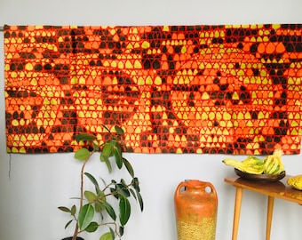 Modern geometric wall hanging tapestry, Abstract spotted pattern, Mid century textile wall art, Orange and brown modern rug