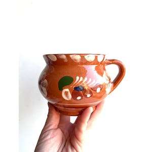 Vintage folk ceramic pitcher, handpainted clay mug, Hungarian brown glazed stoneware water jug, traditional clay pot, folk art of Hungary