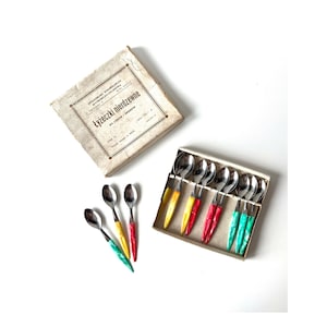 Vintage small dessert spoons, Set of 12 Polish miniature teaspoons in original box, plastic handle, new old stock retro dinnerware