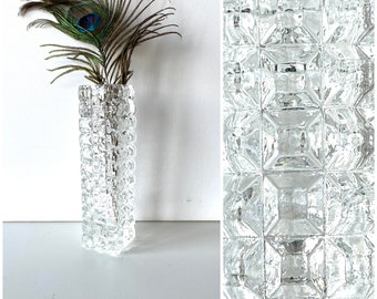 チェック柄ガラス花瓶 ヴィンテージチェック柄透明ガラス花瓶、細長いガラス花瓶、チェック柄