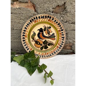 Vintage Korond Earthenware Folk Art Ceramic Pinted Wall Hanging Plate, Traditional Transylvania Bird and Floral Motif Pottery Plate