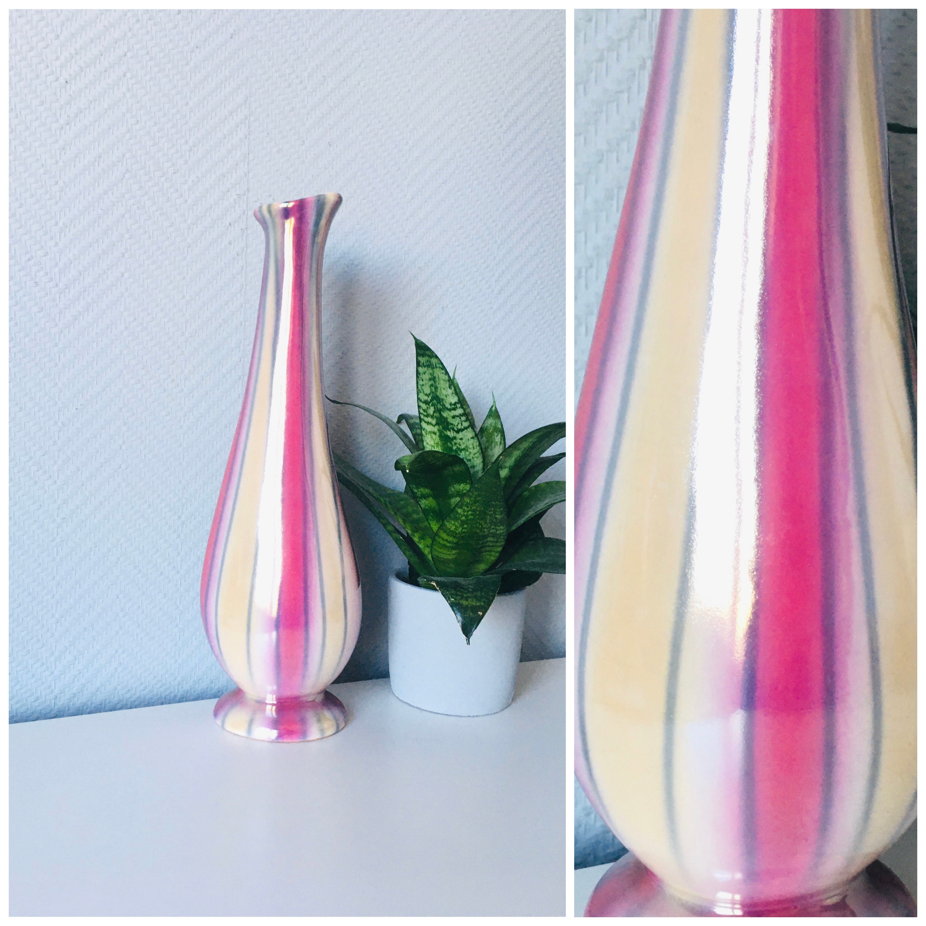 Vintage Striped Ceramic Vase, Shiny Yellow & Pink Lustery Glaze, Art Deco Hungary Budapest Striped Luster Pearly Vase