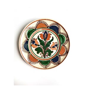 Vintage Korond Earthenware Folk Art Ceramic Handpainted Wall Hanging Plate, Traditional Transylvania Blue Green Floral Motif Pottery Plate