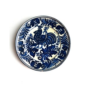 Vintage Korond Earthenware Folk Art Ceramic Handpainted Wall Hanging Plate, Traditional Transylvania Blue Floral Motif Pottery Plate