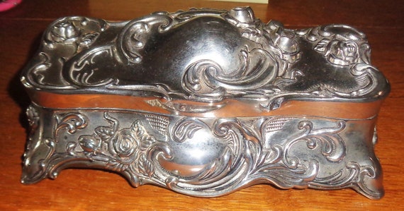 Vintage Art Nouveau Silver Plate Jewelry Box Red … - image 4