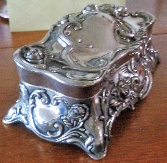 Vintage Art Nouveau Silver Plate Jewelry Box Red … - image 2