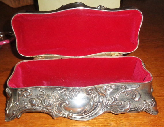 Vintage Art Nouveau Silver Plate Jewelry Box Red … - image 5