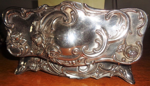 Vintage Art Nouveau Silver Plate Jewelry Box Red … - image 1