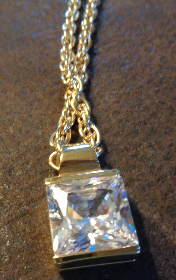 Beautiful Gold Tone Square Crystal Pendant & larg… - image 5
