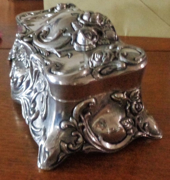 Vintage Art Nouveau Silver Plate Jewelry Box Red … - image 3