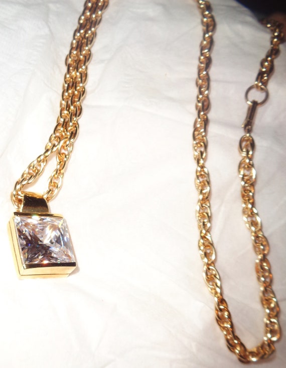 Beautiful Gold Tone Square Crystal Pendant & larg… - image 3