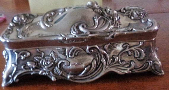 Vintage Art Nouveau Silver Plate Jewelry Box Red … - image 6