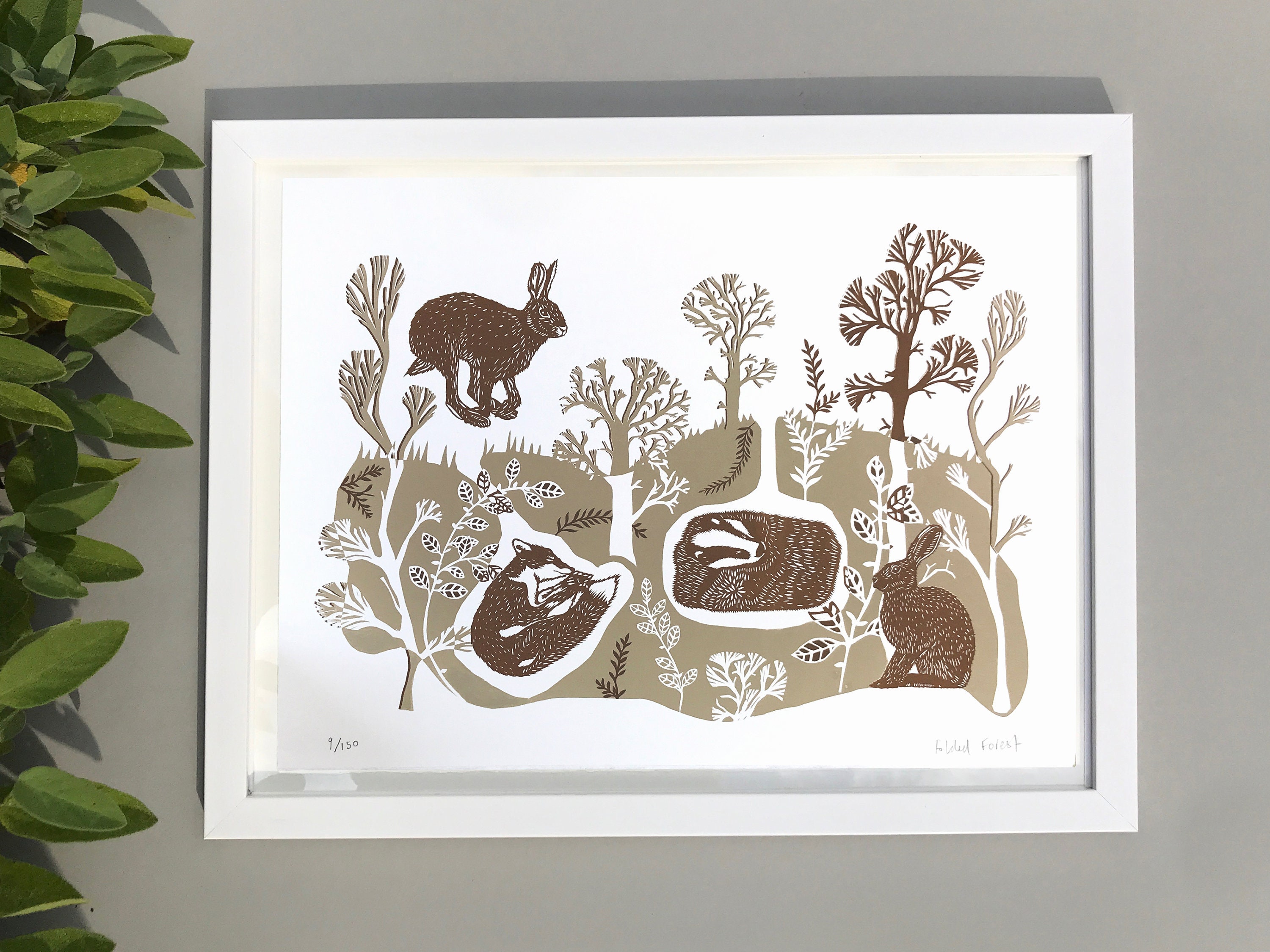 Hand screen printed greeting card leaping hare rabbit