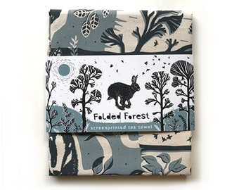 Cotton Tea Towel - Leaping Hare | Screen Printed Kitchen Cloth - Woodland, Badger, Hedgehog, Fox, Birds & Trees