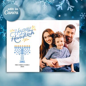 Modèle de toile numérique Happy Hanukkah, carte photo de Hanoucca, carte photo modifiable, carte imprimable de vacances de Hanoucca, carte avec texte, famille