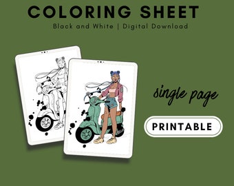 biker girl coloring sheet, biker coloring page, inky coloring page, inked, feminine girl, coloring sheet, digital download