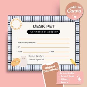 Desk Pet Certificate, Printable Certificate, Editable Certificate, Homeschool Desk Pet, School Desk Pet, Downloadable certificate, teaching