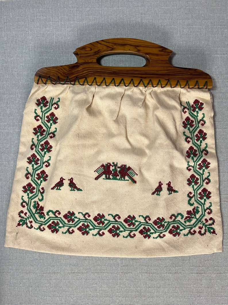 Vintage Sewing Bag Knitting Bag Purse Tote Wood Handles Etsy