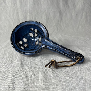 Vintage Pottery Strainer, with  Handle, Blue, Berry Strainer, Studio Pottery, Art Pottery