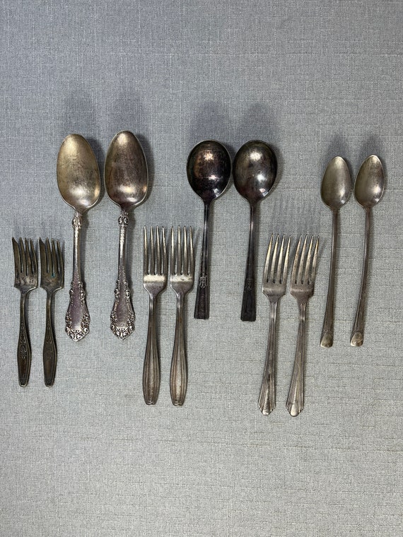 12 Vintage Silver Plate Utensils, (E), 6 Spoons, 6 Forks, Mismatched Collection, Cutlery, Farmhouse Kitchen