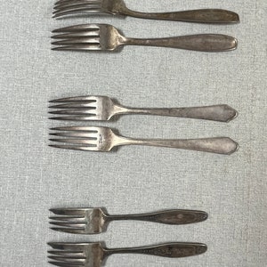 May include: Six silver-toned metal forks arranged in three pairs. The top two forks have rounded handles, the middle two feature pointed, angular handle ends, and the bottom two display ornate, decorative detailing on the handles with four tines each.