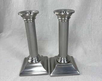 Pair of Baldwin Smithsonian Column Candlesticks, Candle Holder, Neoclassical, Brass, Platinum Mist, Satin Nickel