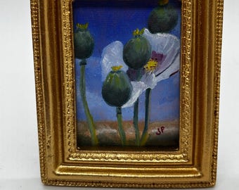 Tiny White Poppies in Oil - Original Painting in Gold Frame