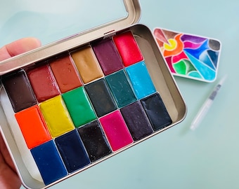 Watercolor paint handmade travel palette tin - 18 whole pans of your choice, water brush included