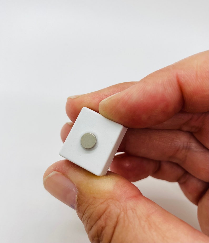 May include: A small white square magnet with a round silver center.