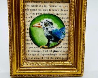 Tiny Kookaburra Watercolor on Vintage French Text - Original Art in Gold Frame