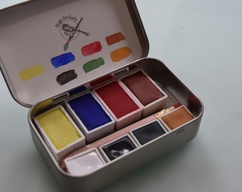 Watercolor paint handmade tin kit- 4 WHOLE pans and 4 HALF pans - Free waterbrush and tin included