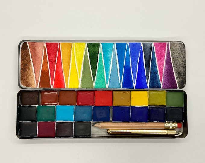 Featured listing image: Watercolor Paint Palette in Vintage Pencil Tin - Handmade 22 HALF pans - LIMITED edition - Includes Whiskey Painters size 2 brush and pencil