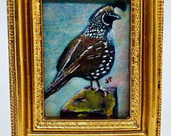 Miniature Quail Oil Painting - Original Art with Gold Gilded Frame
