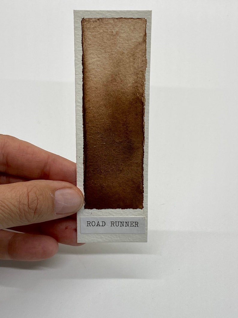 May include: A brown watercolor swatch on a white card with the text "ROAD RUNNER" printed on the bottom.