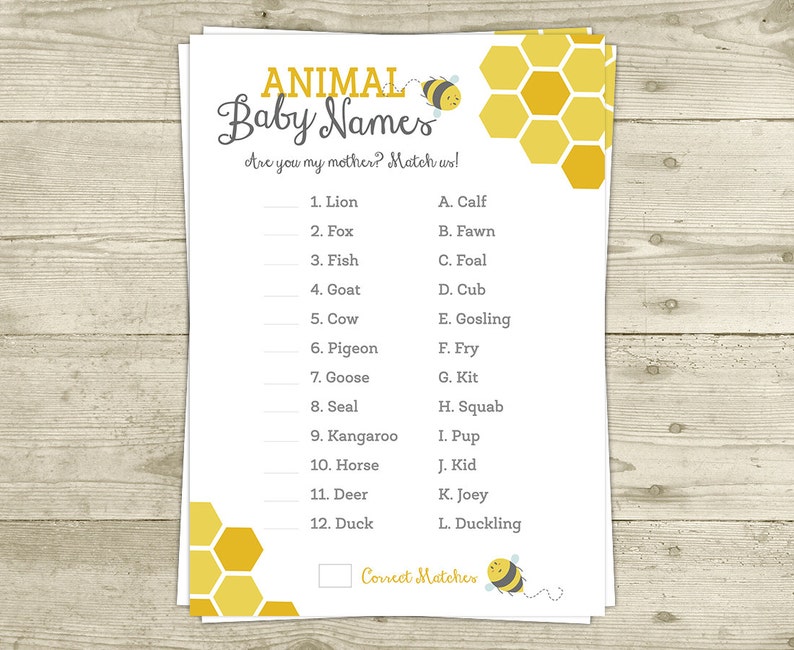 Animal Baby Names Game Bee Baby Shower Game Who S My Etsy