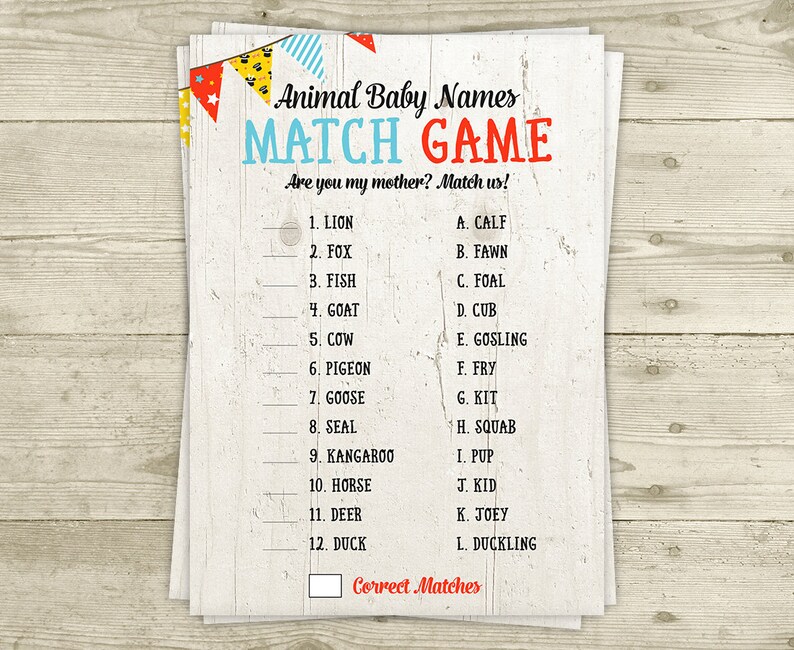 Baby Animal Names Match Game Neutral Red Blue Baby Shower Etsy