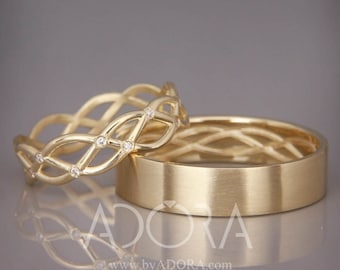 Handmade 14K Gold Eternity Wedding Rings set with Diamonds |Handmade 14k gold eternity wedding Rings | His and Hers Wedding Bands Set
