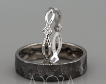 His and Hers Celtic Wedding Band Set | White Gold Celtic Wedding Ring Set with Diamonds | Black Rhodium White Gold Eternity Wedding Rings