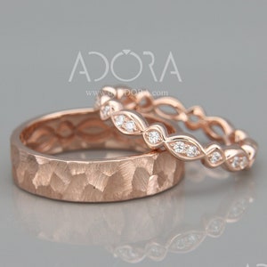 14K Rose Gold Celtic Wedding Rings set with Diamonds| Handmade 14k rose gold eternity wedding Rings | His and Hers Celtic Wedding Bands Set