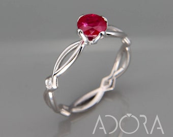 Handmade 14K White Gold Natural Ruby Engagement Ring - 14K White Gold Natural Ruby and Diamonds Engagement Ring - Diamonds Engagement Ring
