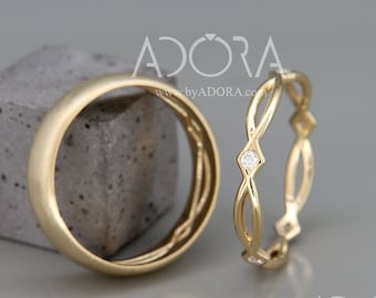 Handmade His and Hers Celtic Wedding Band Set | 14k Gold Celtic Wedding Ring Set with Diamonds | Eternity Wedding Ring Set with Diamonds