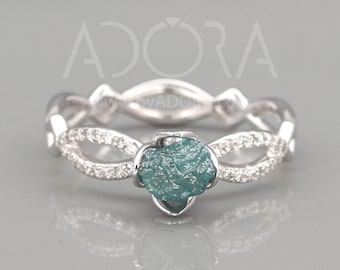 Handmade 14K White Gold Uncut Blue Diamond Engagement Ring in Royalty style | natural round rough raw blue diamond engagement