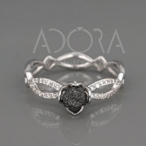 Handmade 14K White Gold Uncut Black Diamond Engagement Ring in Royalty style | natural round rough raw black diamond engagement