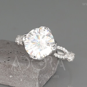 Handmade 14K White Gold Moissanite and Diamonds Engagement Ring in Royalty style | Charles & Colvard Forever One Mossanite and Diamonds ring