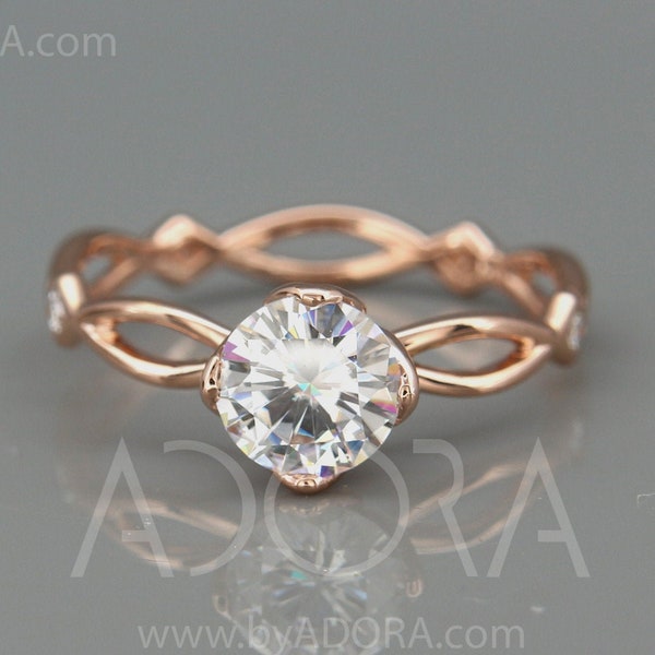 Delicate Moissanite Engagement Ring | Rose Gold Celtic Engagement Ring set with 1ct Charles & Colvard Forever One Moissanite and Diamonds