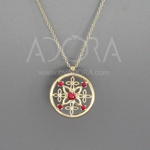 Celtic Necklace Gold - 14K Yellow Gold Natural Ruby Pendant - Unique Gothmas Jewelry - Gothmas Gift For Her - Flower Ruby Celtic Necklace