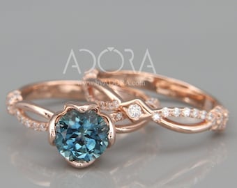 Handmade 14K Rose Gold Teal Sapphire and Diamonds Bridal Rings Set in Royalty style | Natural Teal Sapphire and Diamonds Bridal Ring Set