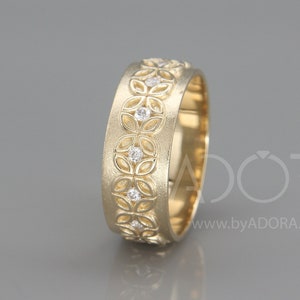 Handmade 14K Gold Celtic Flower Woman Wedding Ring Set with Diamonds | Hers Celtic flower Gold Wedding Bands Set with Diamonds